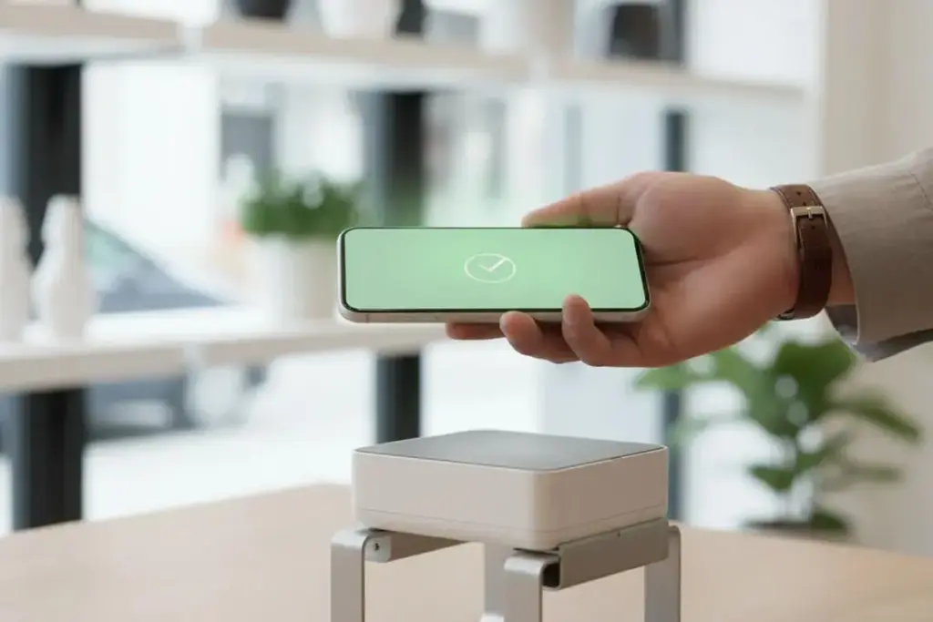 Payment by smartphone via NFC terminal (Tap to Pay) — confirmation of mobile payment.