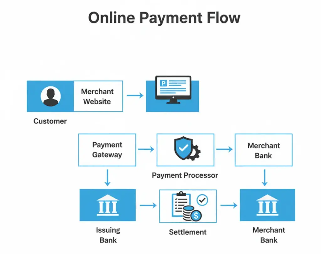 Online payment process diagram: customer → website → payment gateway → processor → bank → confirmation and crediting.