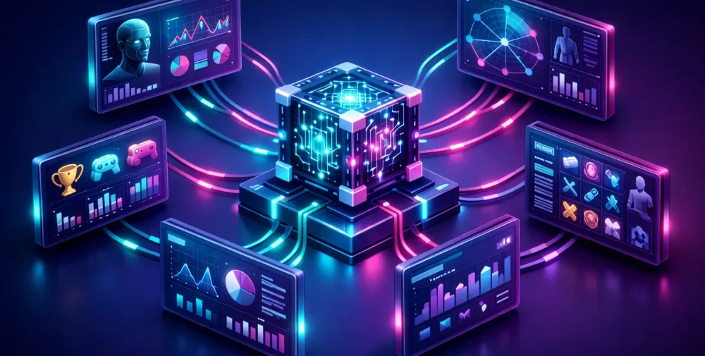 Isometric 3D illustration of an AI core connected to multiple gaming interface panels, dark navy to purple gradient background,
