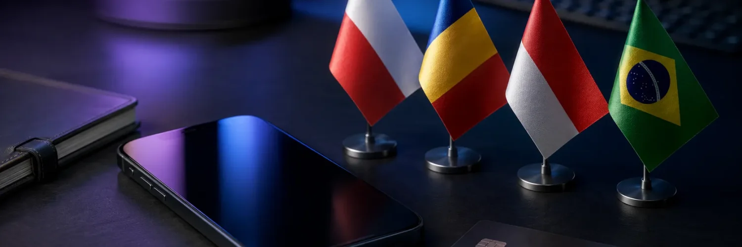 National flags of Poland, Romania, Indonesia and Brazil beside a payment card and smartphone on a fintech desk_11zon